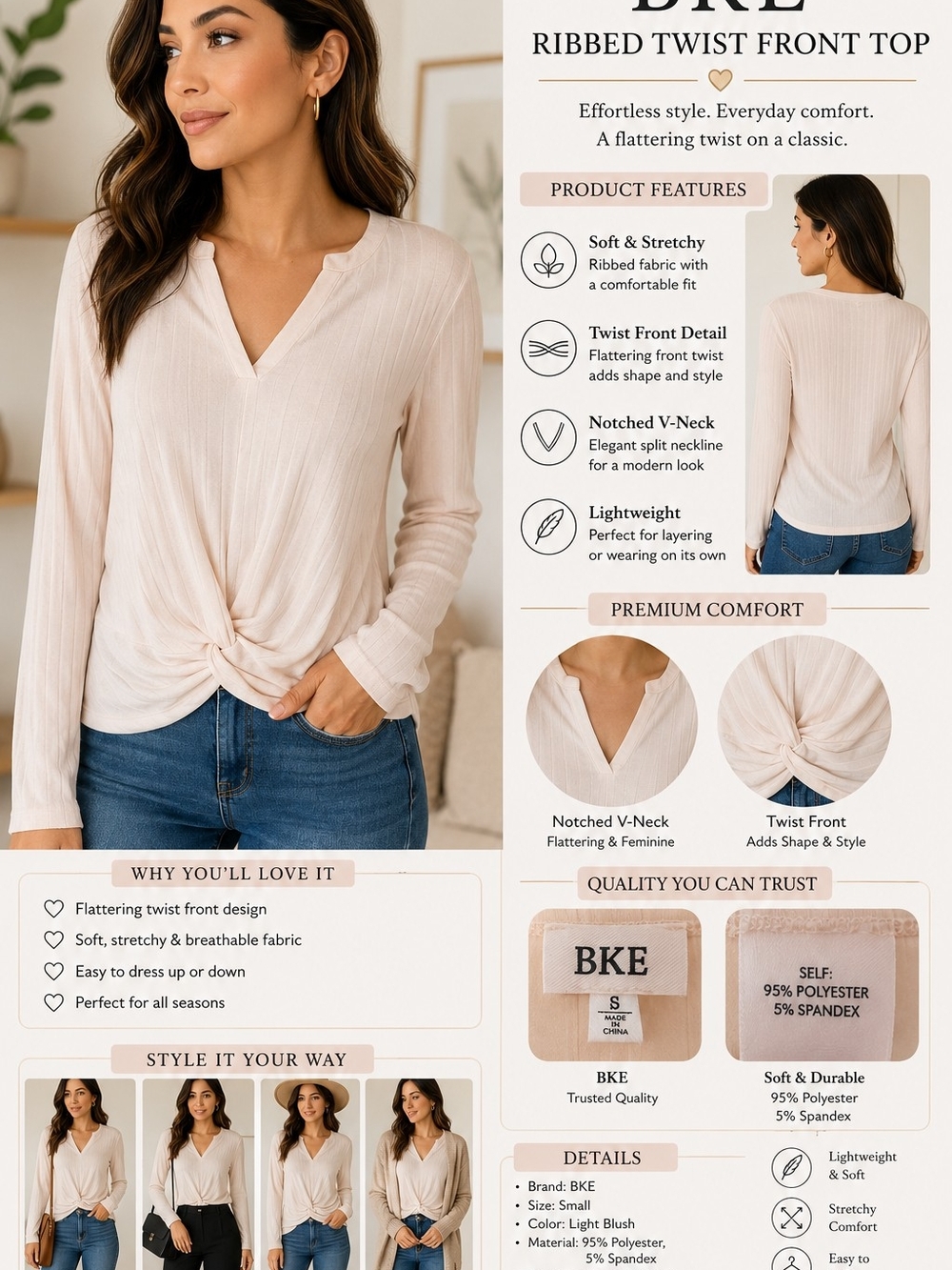 BKE Light Blush Ribbed Twist-Front Top